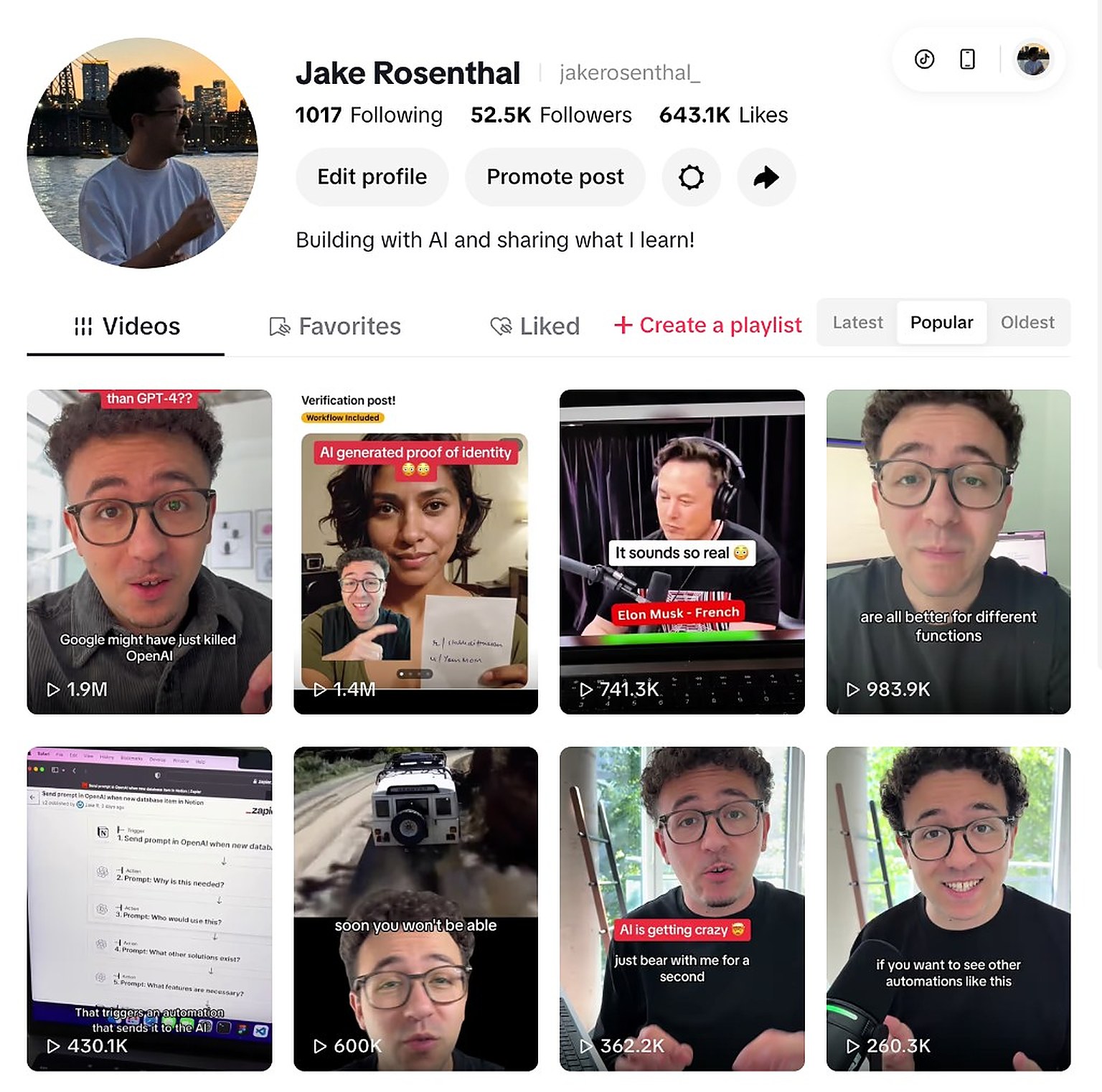 Jake's TikTok profile with 52.5K followers and popular AI videos